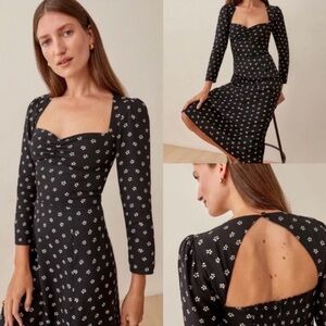 Reformation Claudio Black Floral Square-Neck Midi Dress